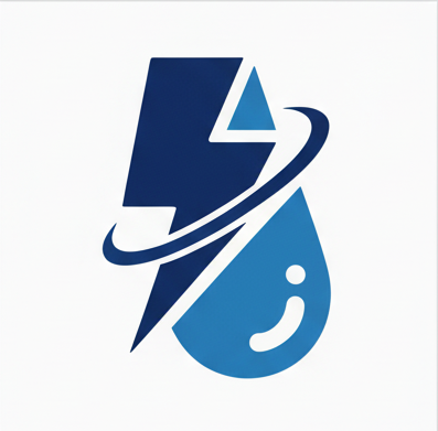 Blue logo with a stylized lightning bolt and circle on a white background